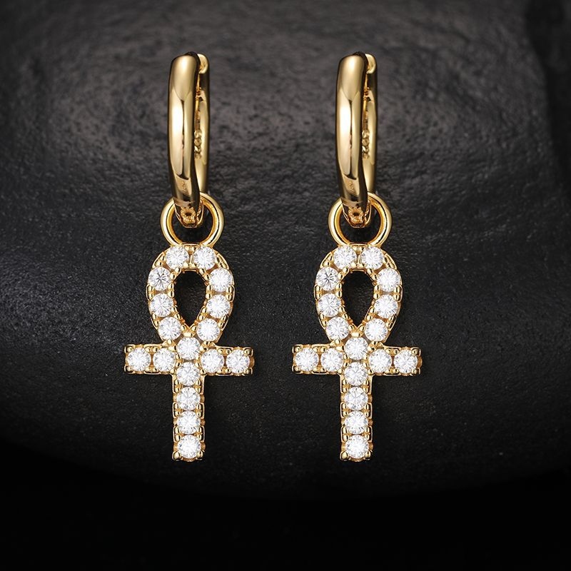 Moissanite Ankh Dangle Earrings in S925 Sterling Silver