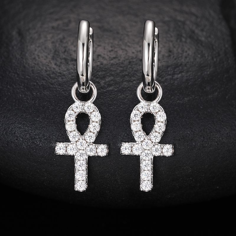 Moissanite Ankh Dangle Earrings in S925 Sterling Silver