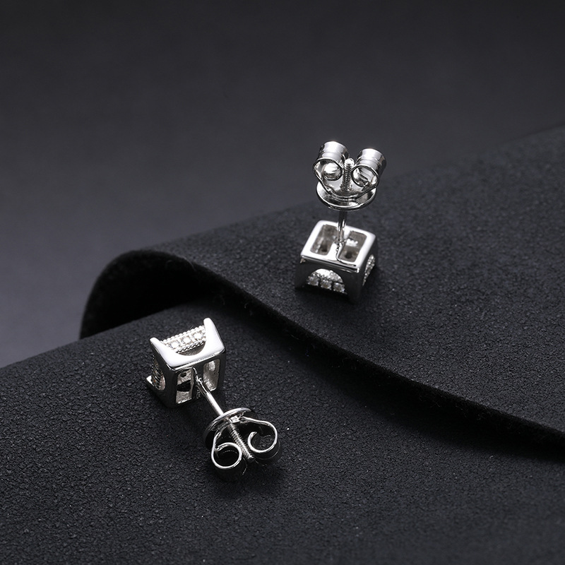 S925 Sterling Silver Moissanite Iced Out Cube Stud Earrings