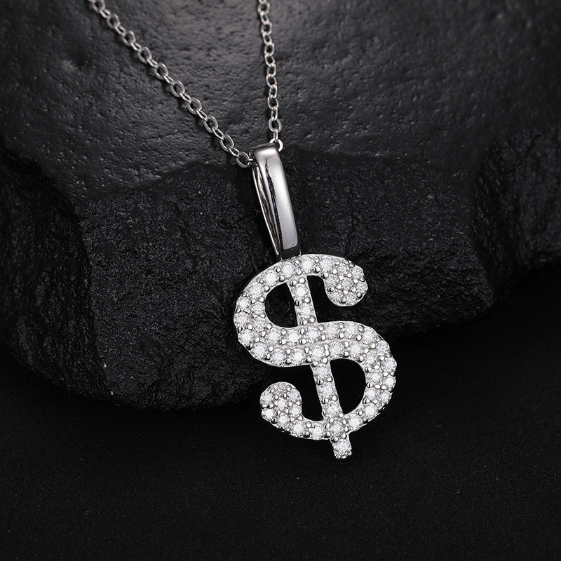 S925 Sterling Silver Moissanite Iced Dollar Sign Pendant