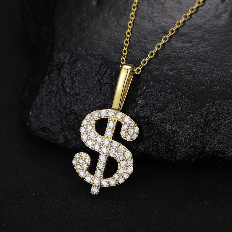 S925 Sterling Silver Moissanite Iced Dollar Sign Pendant