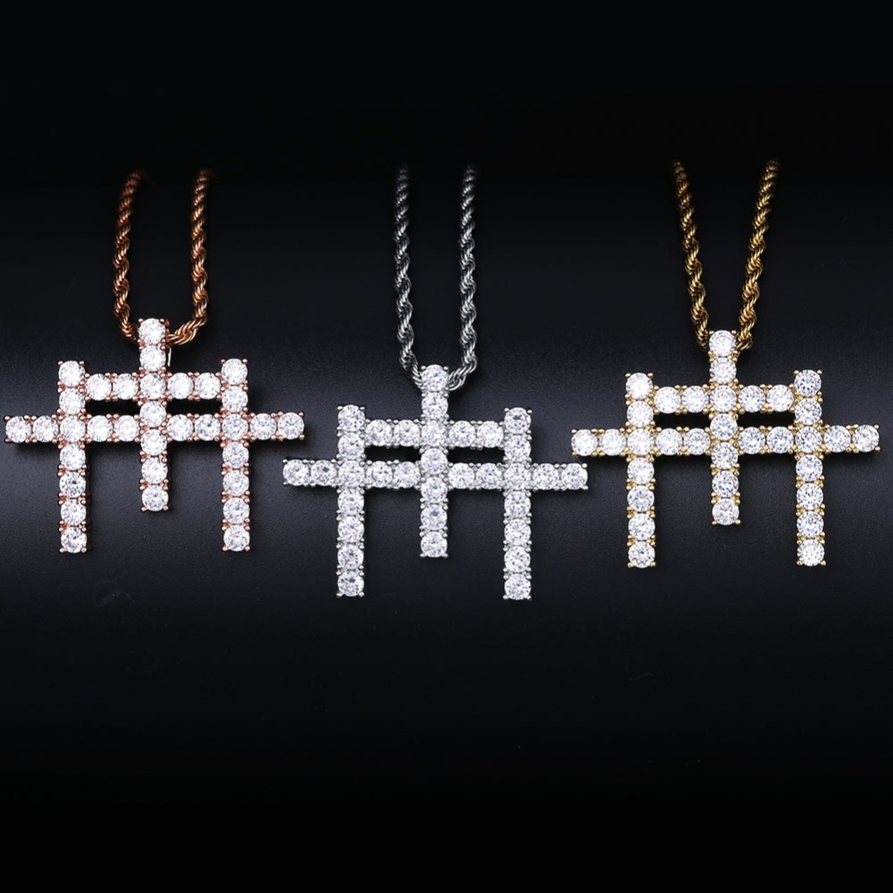 Round Cut Iced Triple Cross Pendant