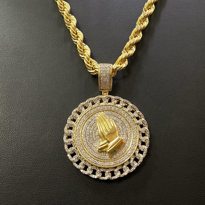 Cuban Disc Prayer Hand Pendant in Gold