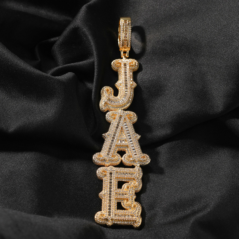 Iced Out Vertical Custom Thorns Baguette Letters Pendant