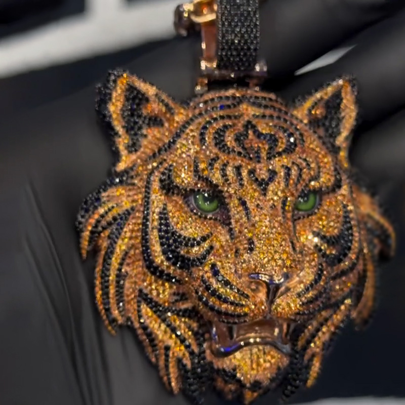 Iced Out Yellow& Black Diamond Tiger Pendant