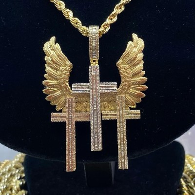 Iced Out Baguette Trinity Triple Cross with Wings Pendant