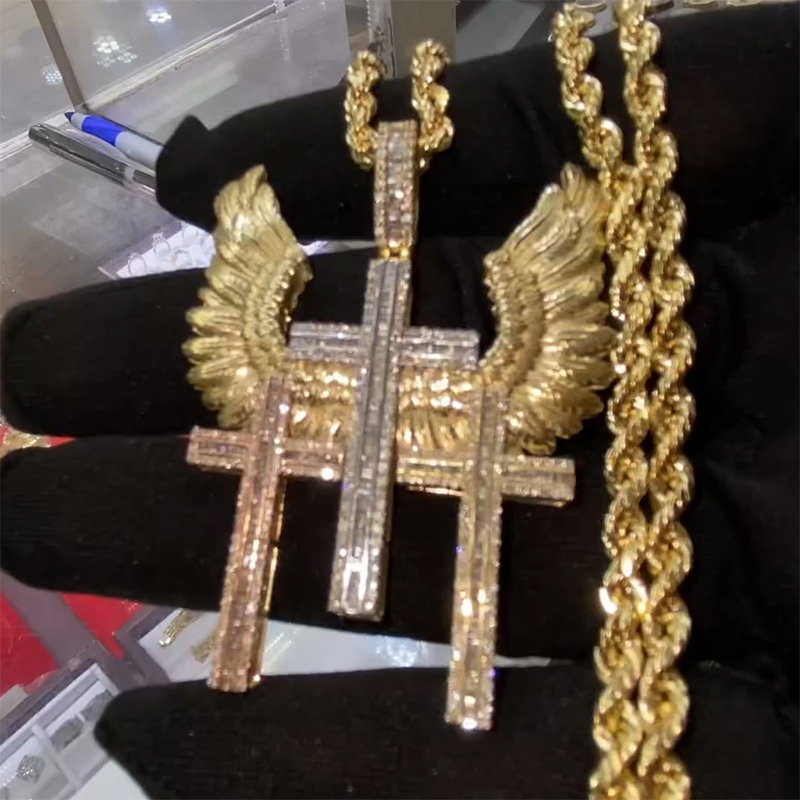 Iced Out Baguette Trinity Triple Cross with Wings Pendant