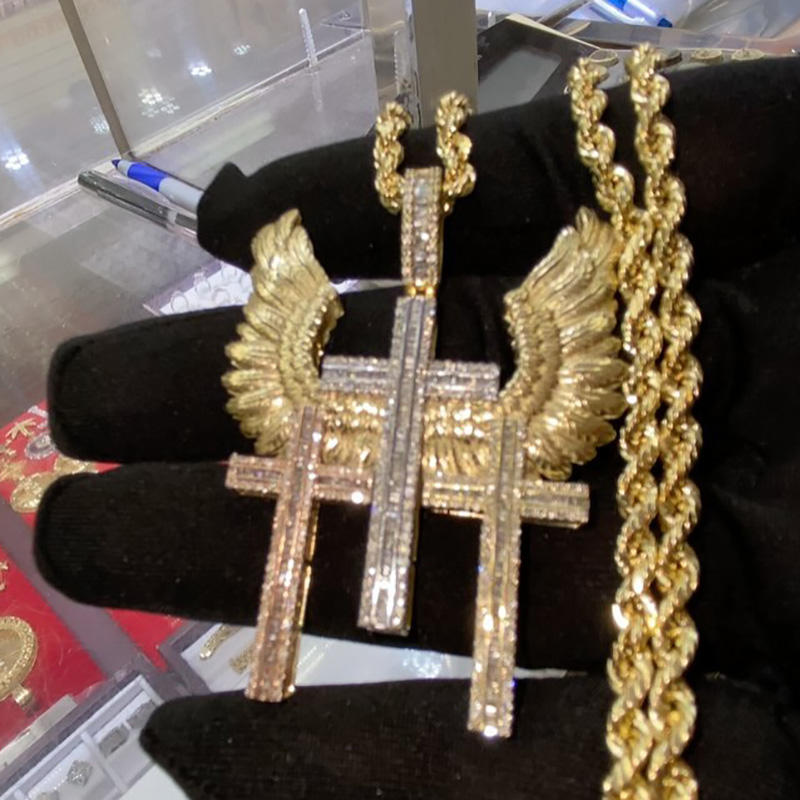 Iced Out Baguette Trinity Triple Cross with Wings Pendant