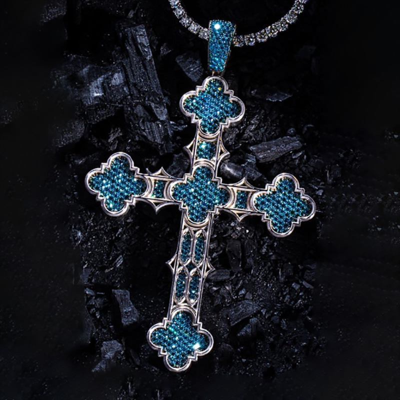 Iced Out Blue/White Diamond Notre Dame Cross Pendant in White Gold