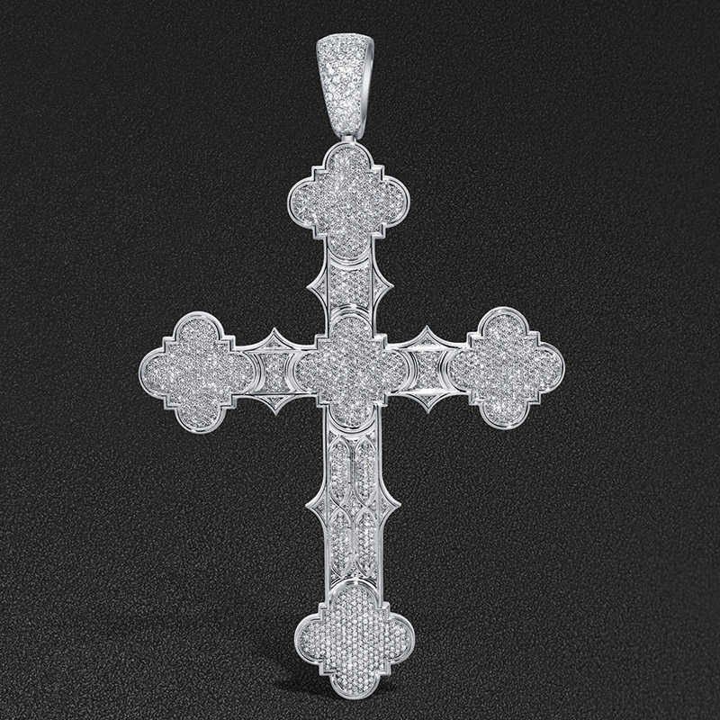 Iced Out Blue/White Diamond Notre Dame Cross Pendant in White Gold