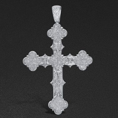 Iced Out Blue/White Diamond Notre Dame Cross Pendant in White Gold