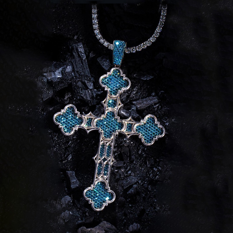 Iced Out Blue/White Diamond Notre Dame Cross Pendant in White Gold