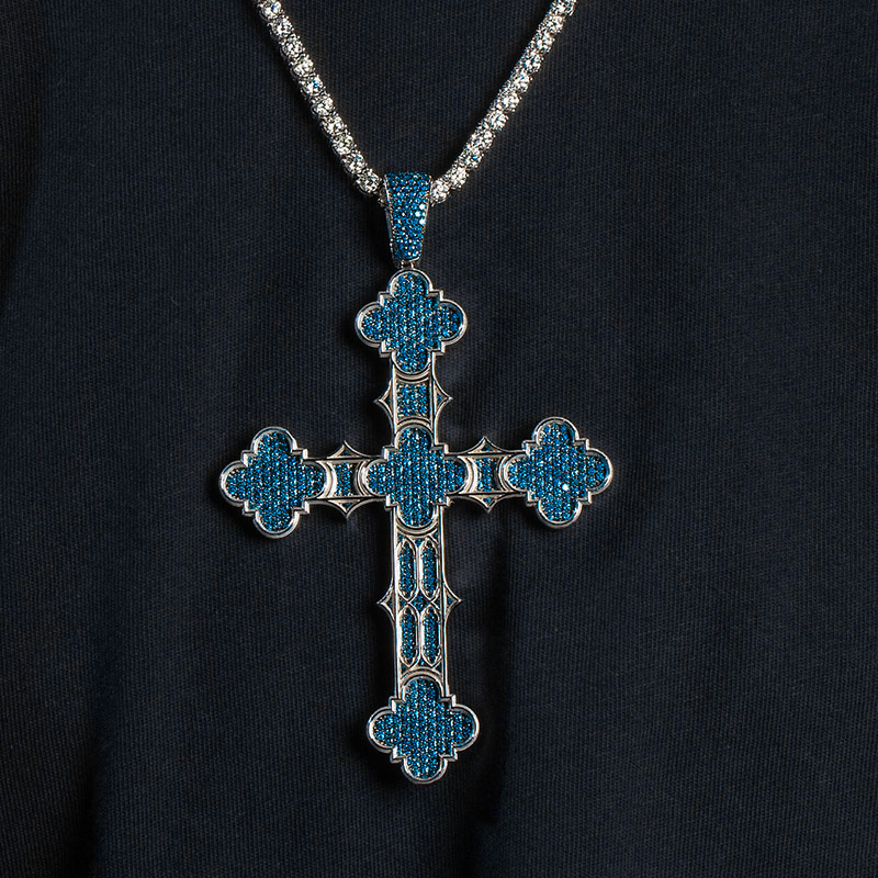 Iced Out Blue/White Diamond Notre Dame Cross Pendant in White Gold