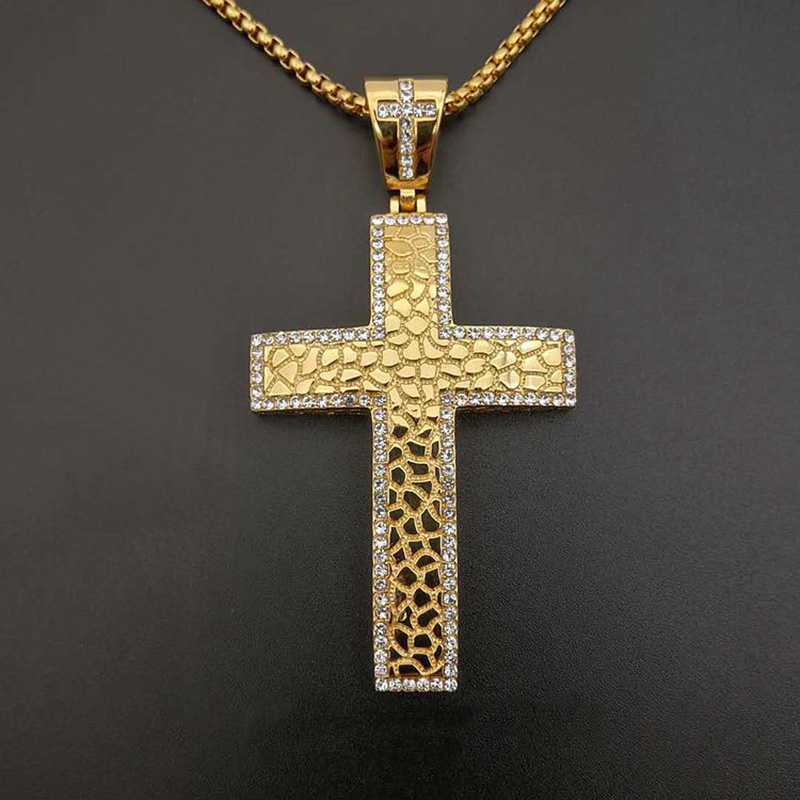 Iced Out Nugget Cross Pendant in Gold