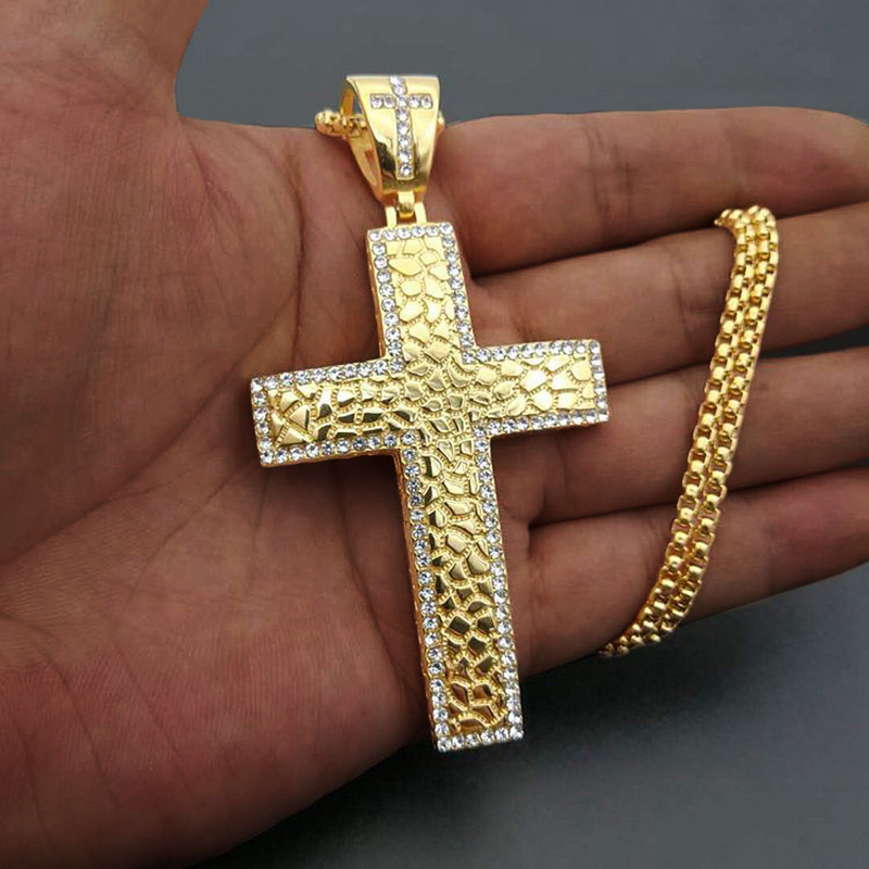 Iced Out Nugget Cross Pendant in Gold