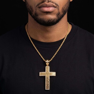 Iced Out Nugget Cross Pendant in Gold