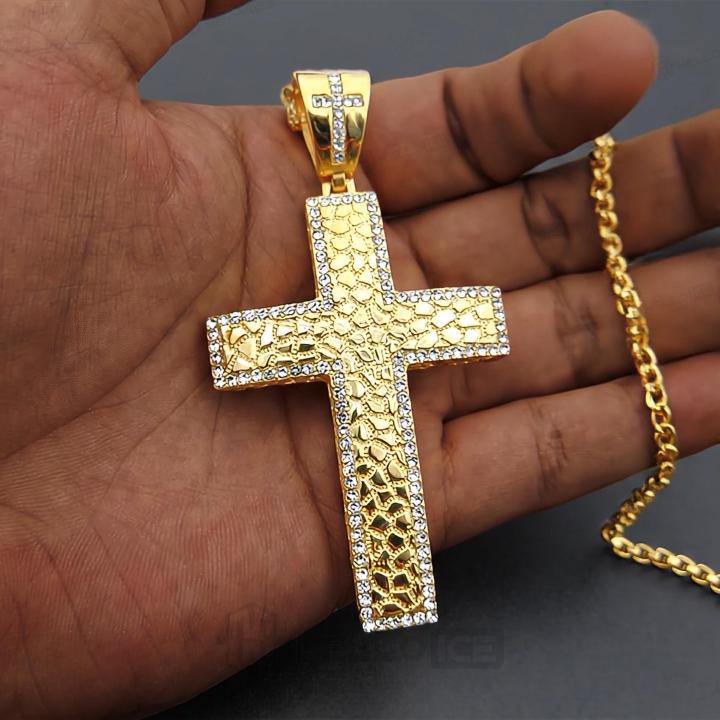 Iced Out Nugget Cross Pendant in Gold