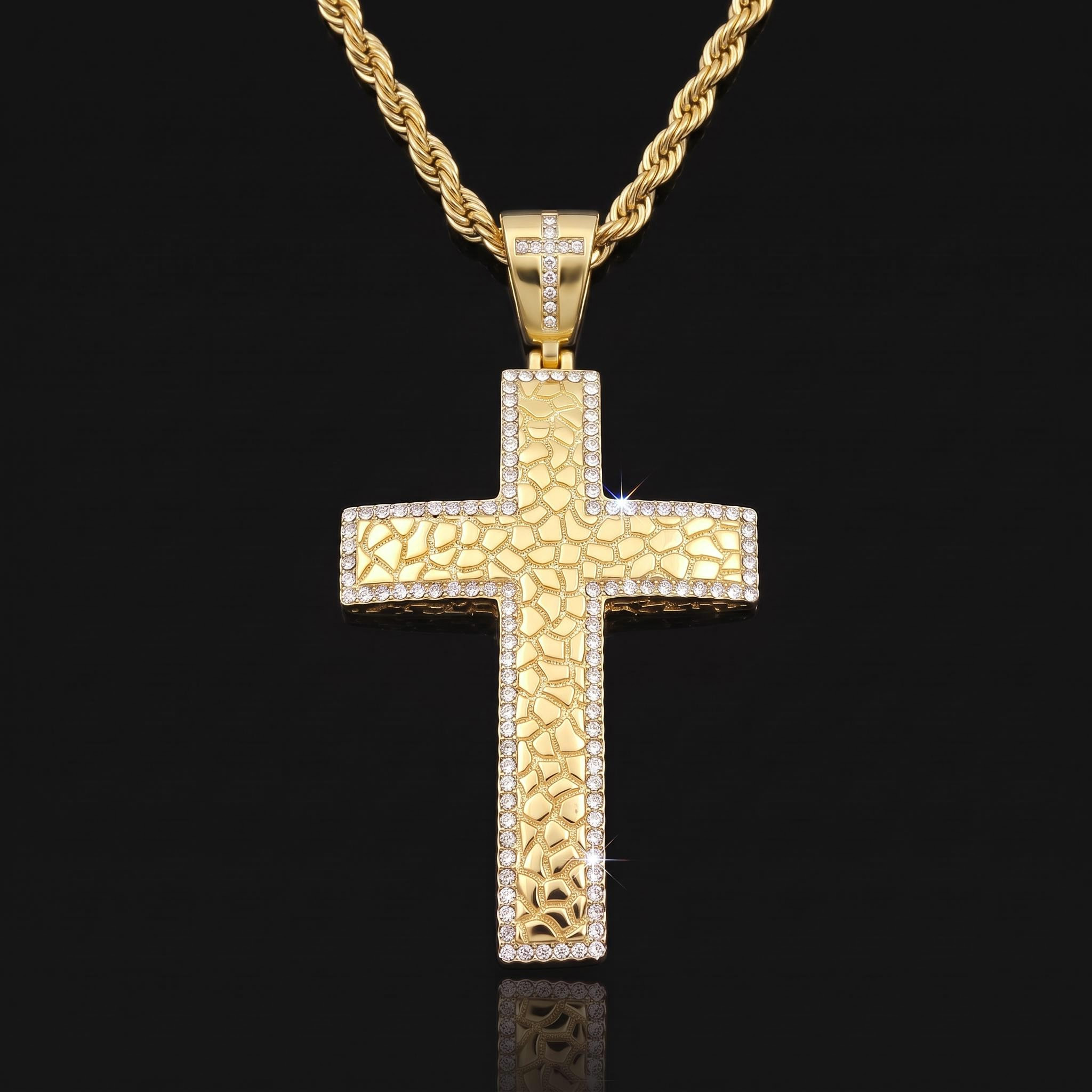 Iced Out Nugget Cross Pendant in Gold