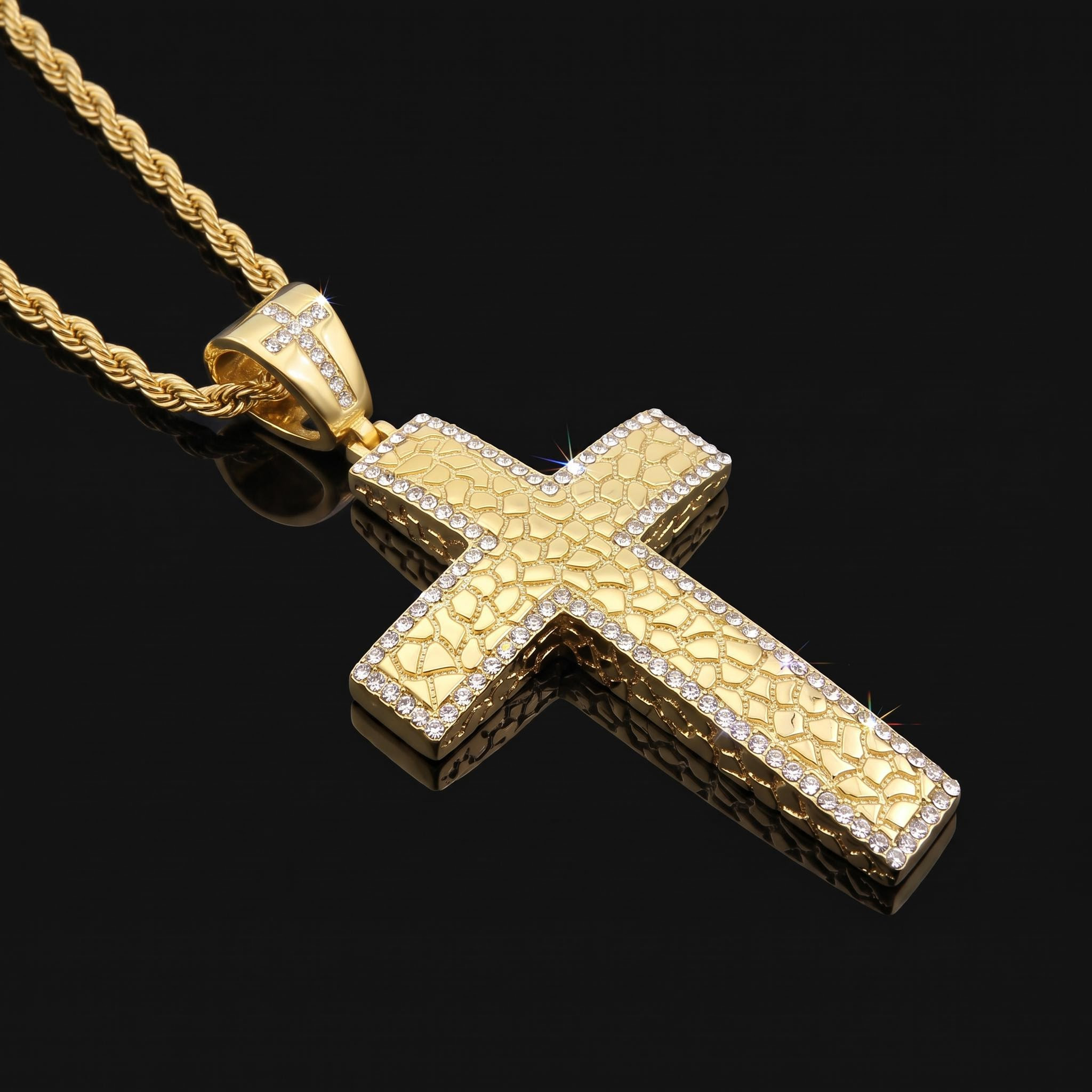 Iced Out Nugget Cross Pendant in Gold