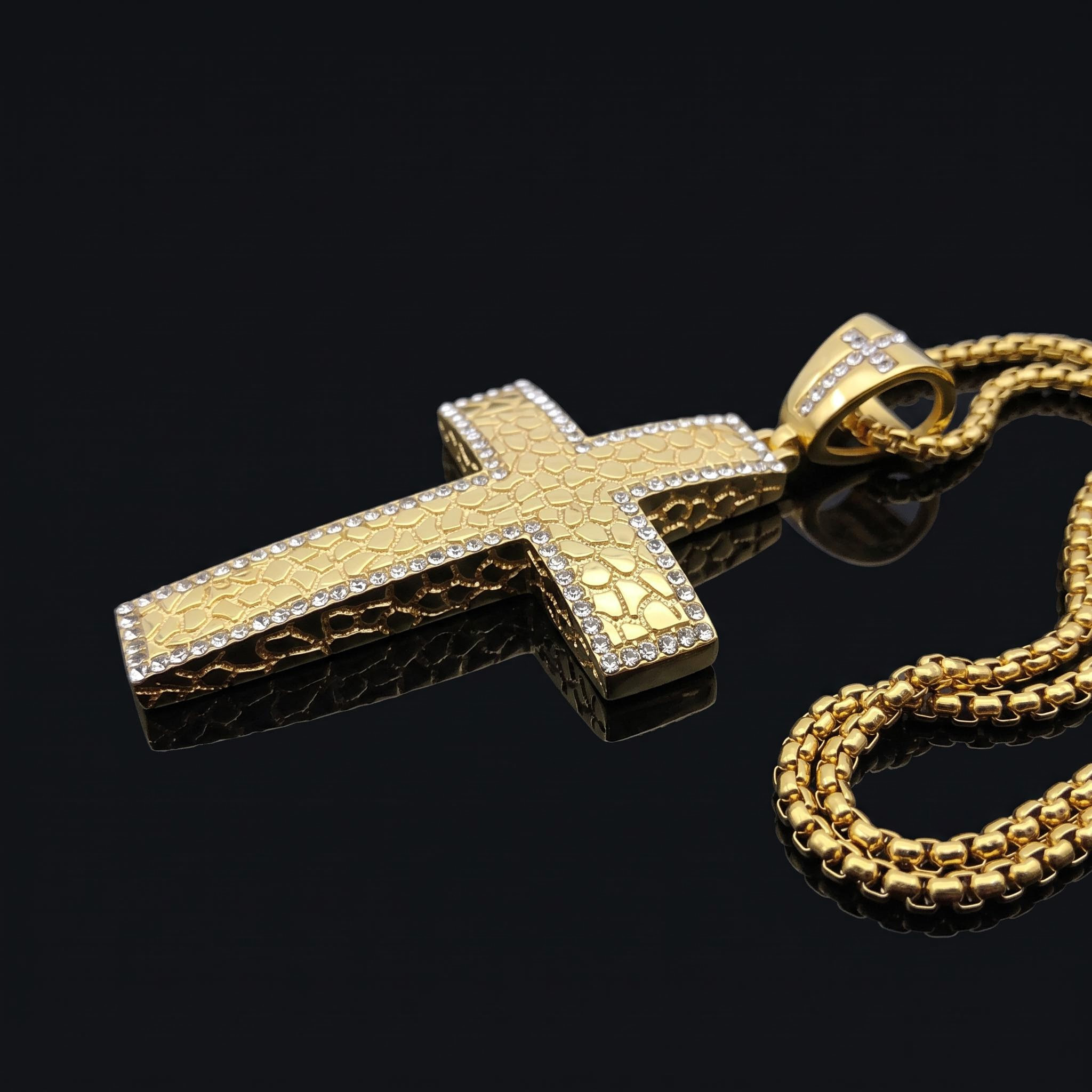 Iced Out Nugget Cross Pendant in Gold