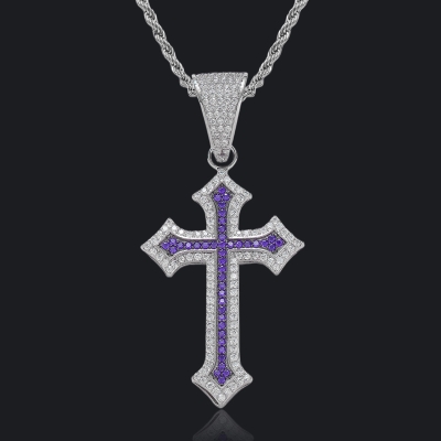 Iced Out Black/Emerald/Purple/Ruby Cross Pendant in White Gold