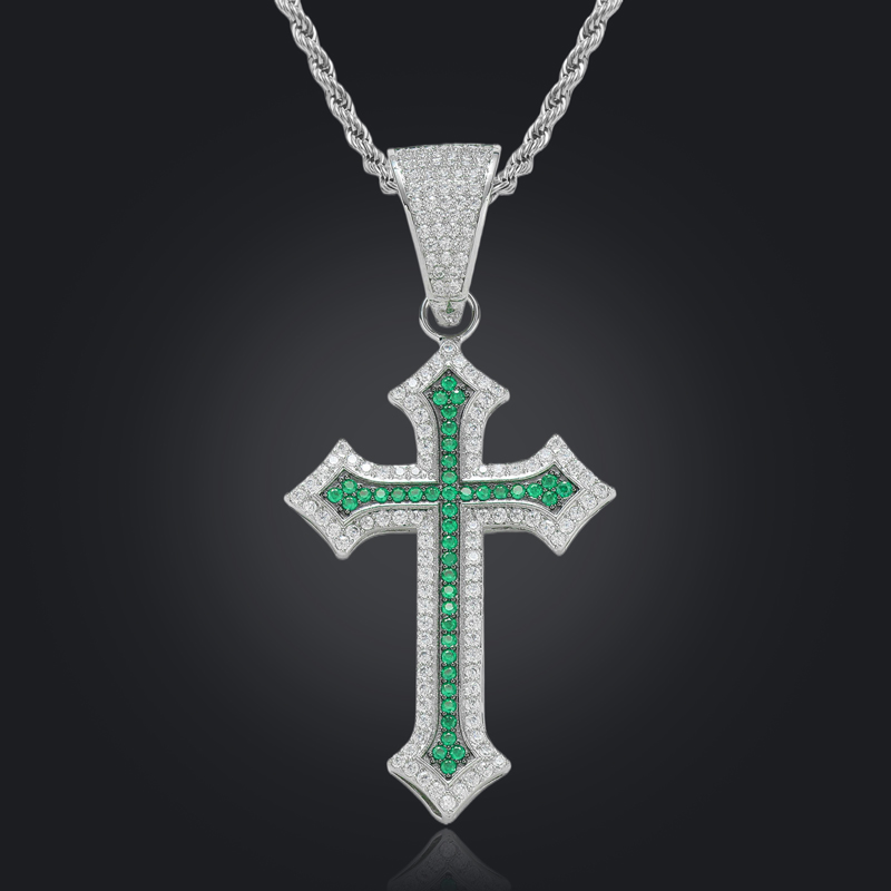 Iced Out Black/Emerald/Purple/Ruby Cross Pendant in White Gold