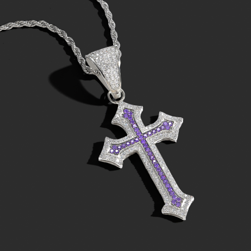 Iced Out Black/Emerald/Purple/Ruby Cross Pendant in White Gold