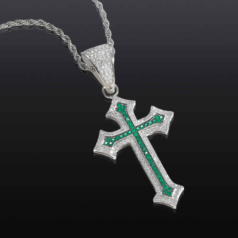 Iced Out Black/Emerald/Purple/Ruby Cross Pendant in White Gold