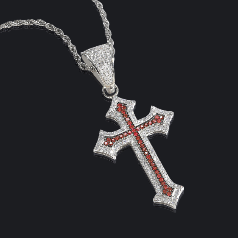 Iced Out Black/Emerald/Purple/Ruby Cross Pendant in White Gold