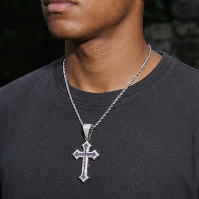 Iced Out Black/Emerald/Purple/Ruby Cross Pendant in White Gold
