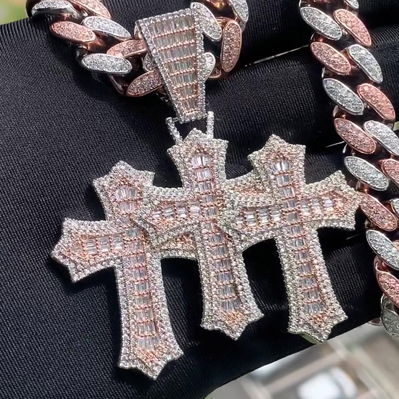 Iced Out Baguette Cut Two-tone Triple Cross Pendant