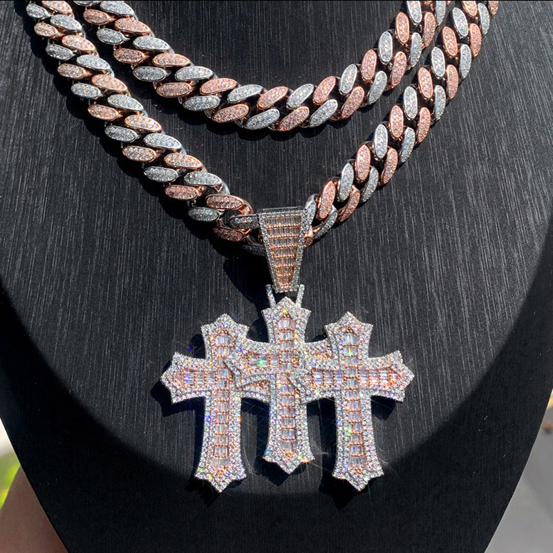 Iced Out Baguette Cut Two-tone Triple Cross Pendant