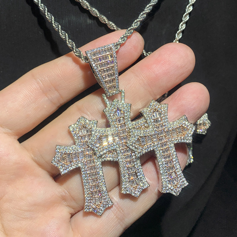 Iced Out Baguette Cut Two-tone Triple Cross Pendant