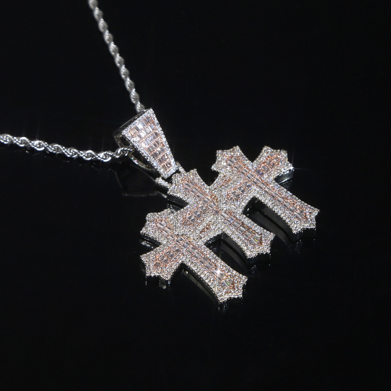 Iced Out Baguette Cut Two-tone Triple Cross Pendant