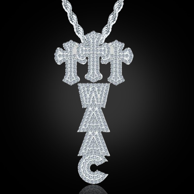 Iced Triple Cross Custom Vertical Name Pendant