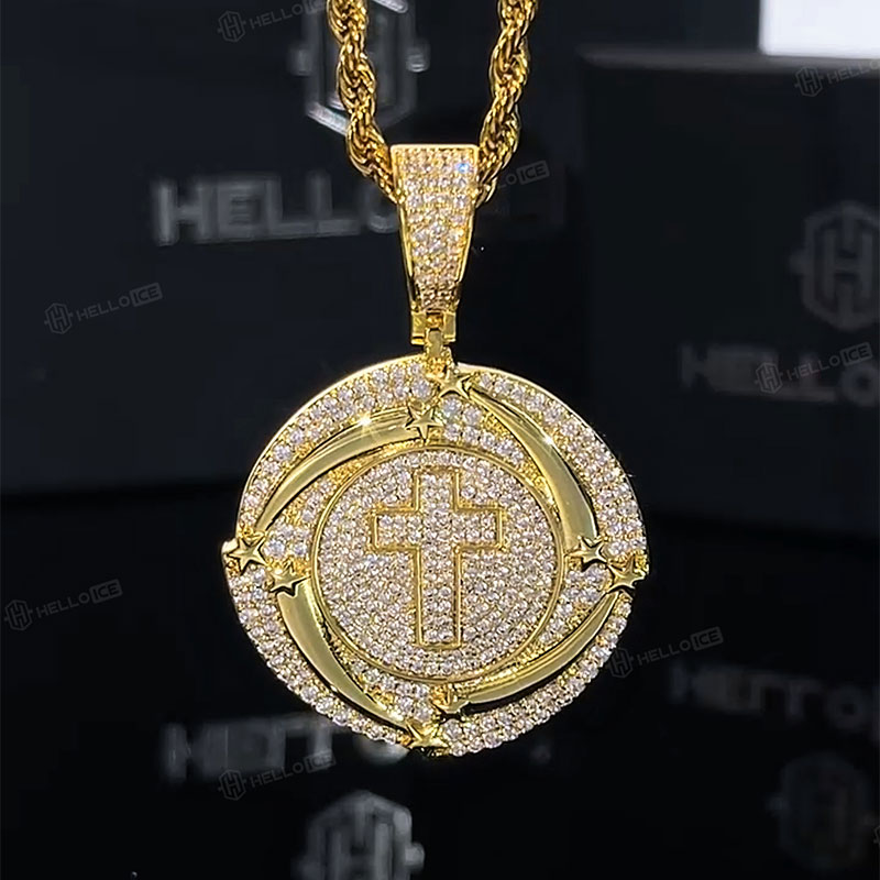 Iced Cross Star Disc Pendant