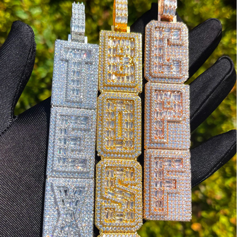 Iced Out Custom Baguette Cut Double Layer Vertical Letter Pendant