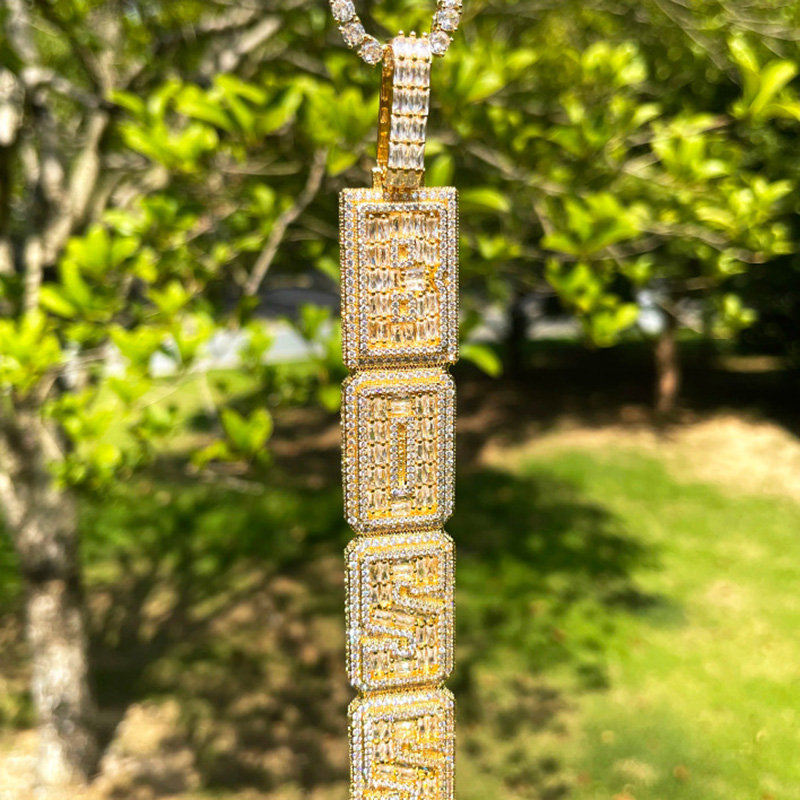 Iced Out Custom Baguette Cut Double Layer Vertical Letter Pendant