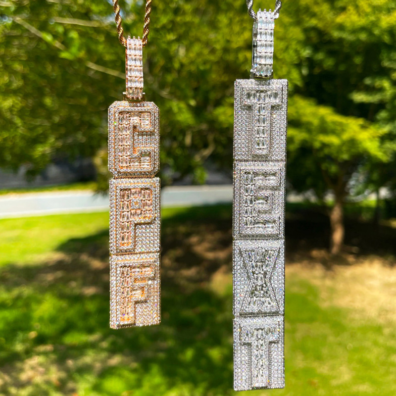 Iced Out Custom Baguette Cut Double Layer Vertical Letter Pendant