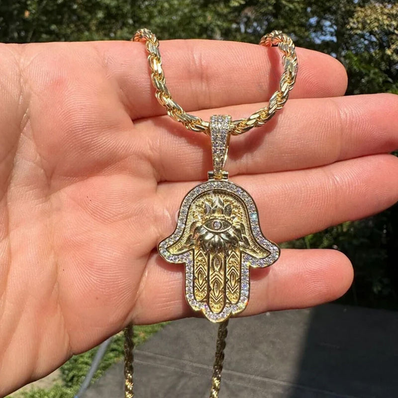 Iced Out Hamsa Hand Evil Eye Pendant