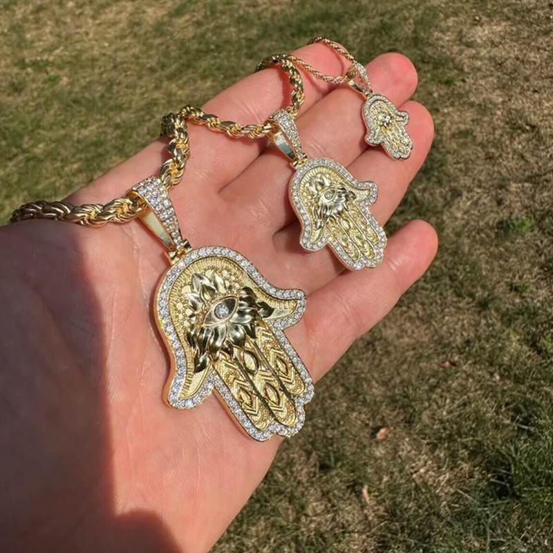 Iced Out Hamsa Hand Evil Eye Pendant