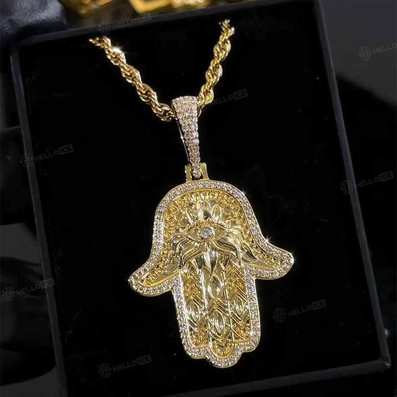 Iced Out Hamsa Hand Evil Eye Pendant