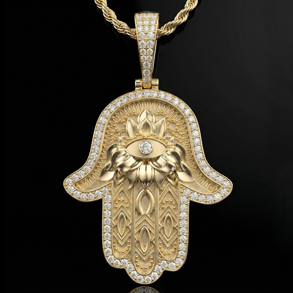 Iced Out Hamsa Hand Evil Eye Pendant Iced Out Hamsa Hand Evil Eye Pendant