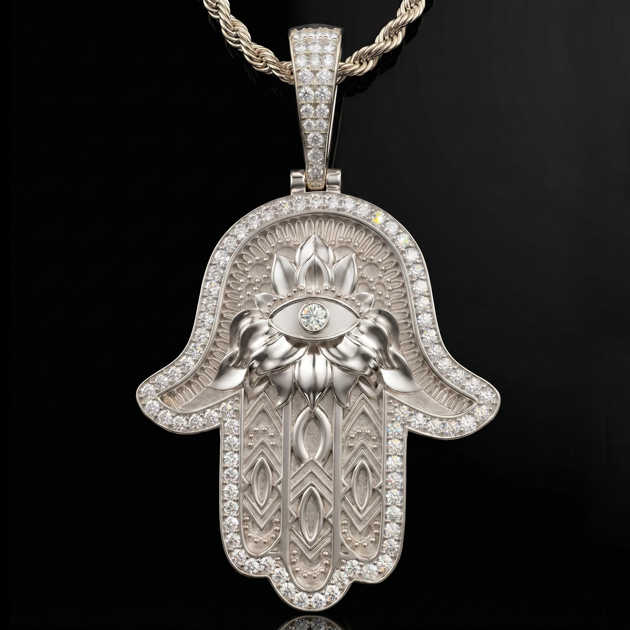Iced Out Hamsa Hand Evil Eye Pendant