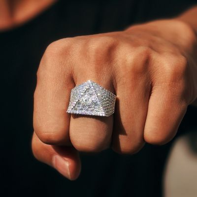 Iced Out Triangle Pyramid Eye of Horus Marquise & Baguette Cut Ring in White Gold