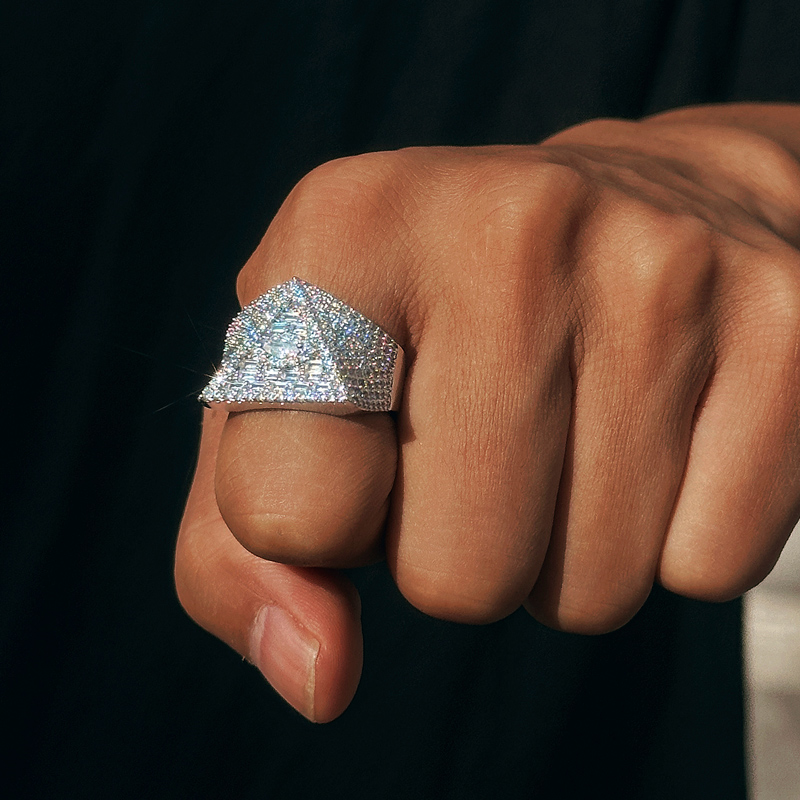 Iced Out Triangle Pyramid Eye of Horus Marquise & Baguette Cut Ring in White Gold