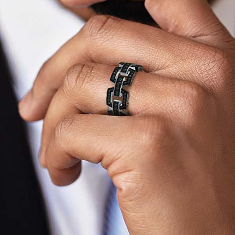 Black Stones Hexagonal Links Ring for Men