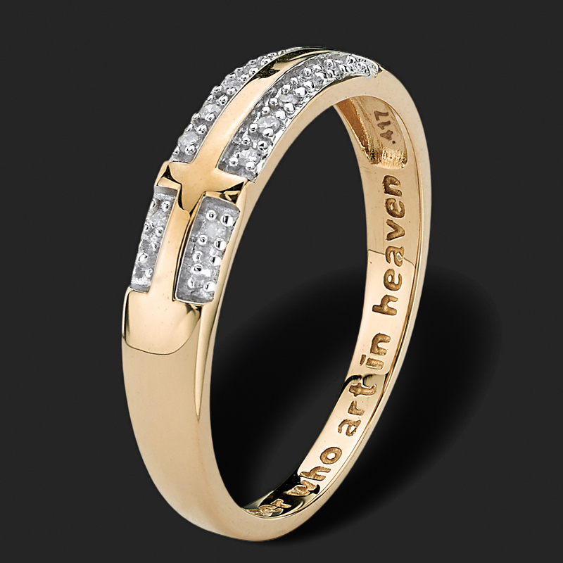 "Our Father Who Art in Heaven"  White Diamond Cross Band Ring