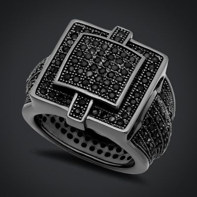 Square Iced Out Ring with Black Stones