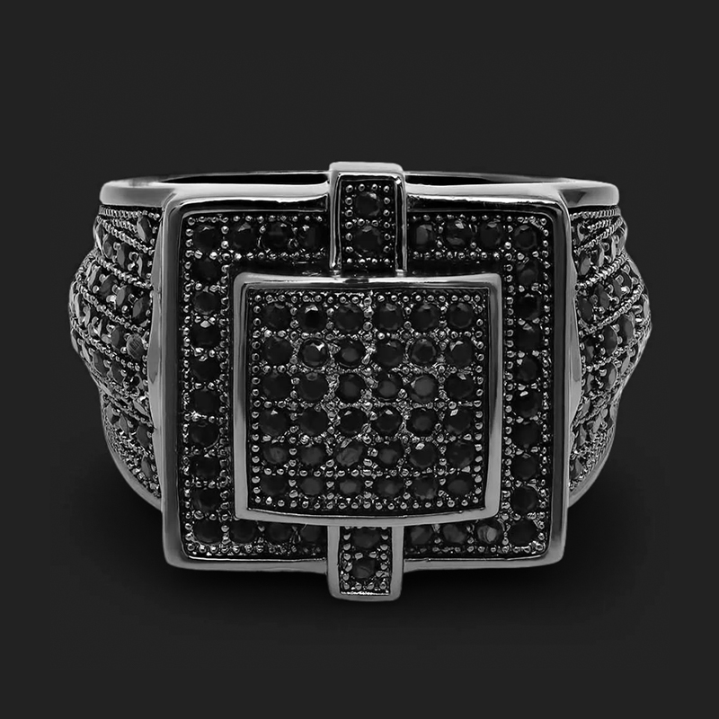 Square Iced Out Ring with Black Stones